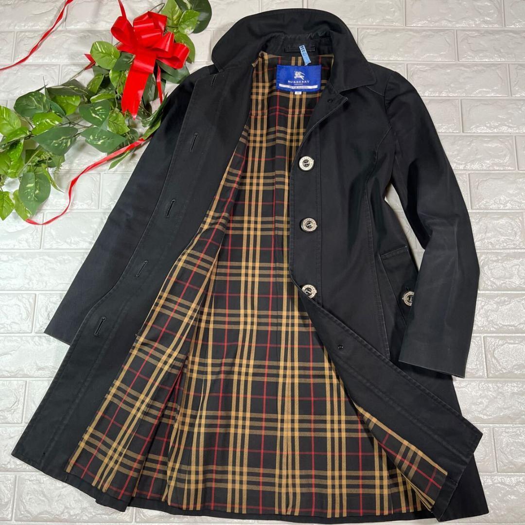 BURBERRY BLUE LABEL M Size Cleaned Nova Check Coat Long Length Black  #D2711A