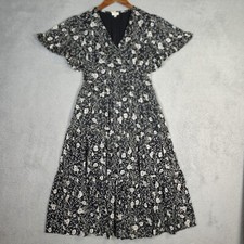 Dizzy Lizzie Dress Women's Medium Black White Floral Flutter Sleeve Cottage Core