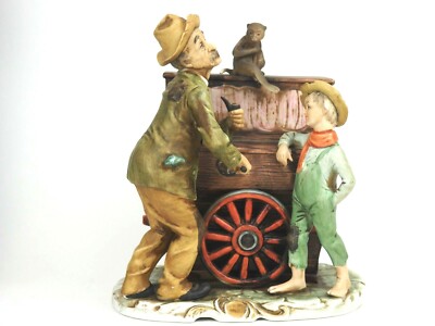Porcelain Bisque Figurine Organ Grinder Monkey & Boy Music Box