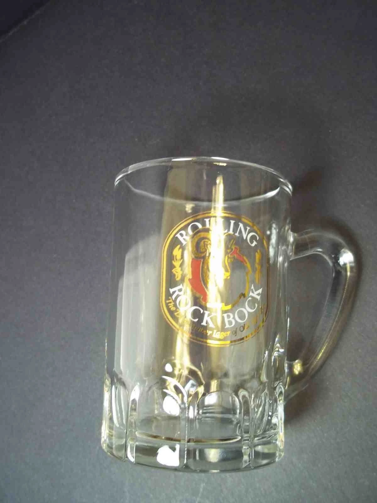 Rolling Rock Bock Handled shot glass gold ram's head logo Old Latrobe