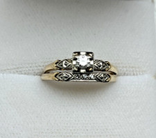 14K Gold Vintage Art Deco Diamond Engagement Ring and Wedding Band Bridal Set