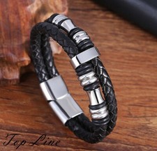 Men Boy Silver Beaded Bar Braided Genuine Leather Magnetic Bracelet Bangle 7-8"