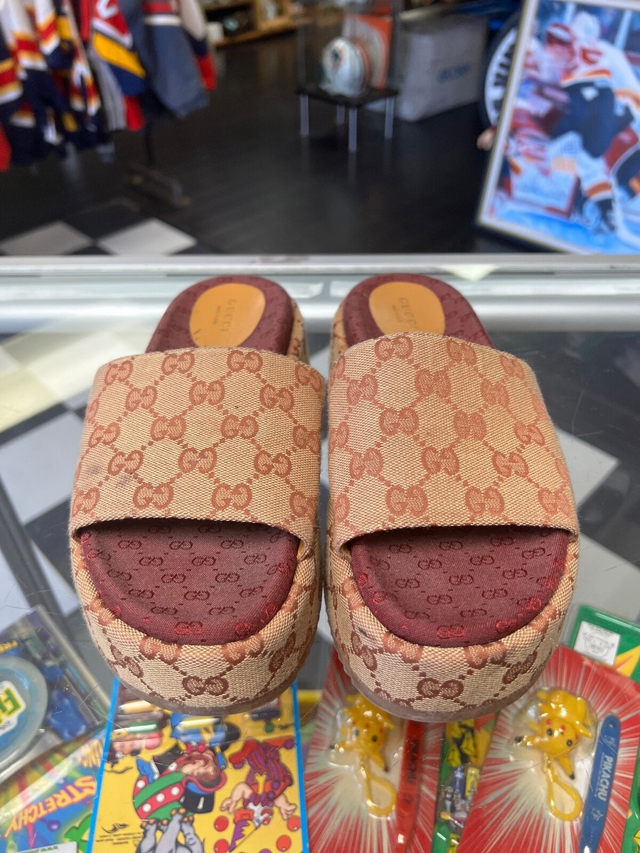 Gucci Canvas GG Monogram Angelina Platform Slide Sandals 37.5