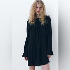 Zara Ruffle Pintuck Pleat Shift Mini Dress in black size XS