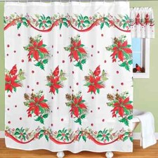 Shower Curtain Christmas Holiday Cardinals and Poinsettia Shower Curtain