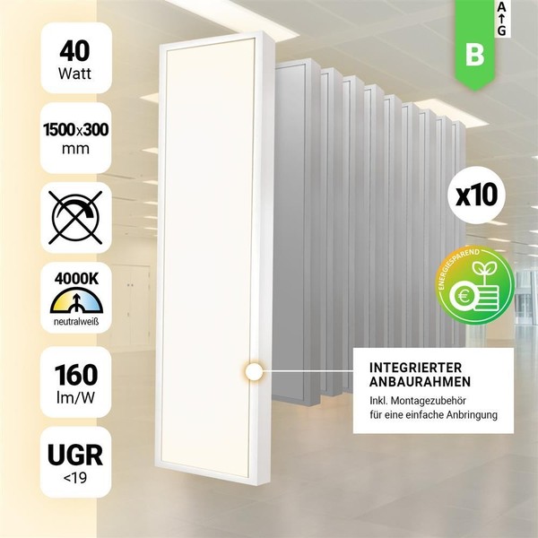 10X Led Anbauleuchte 150X30Cm Neutralweiß 4000K Led Rasterleuchte 40W UGR<19-image
