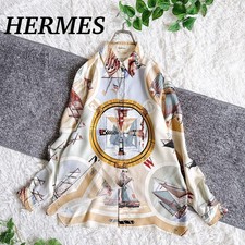 Vintage Hermes Margiela Silk Scarf Print Long Sleeve Shirt 42 Beige Authentic