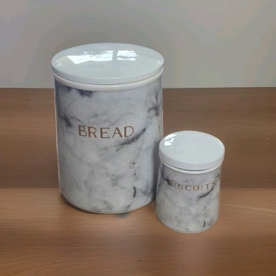 Dunelm Marmoroptik Brotkasten Keksdose Set Weiß Grau Küche Aufbewahrung