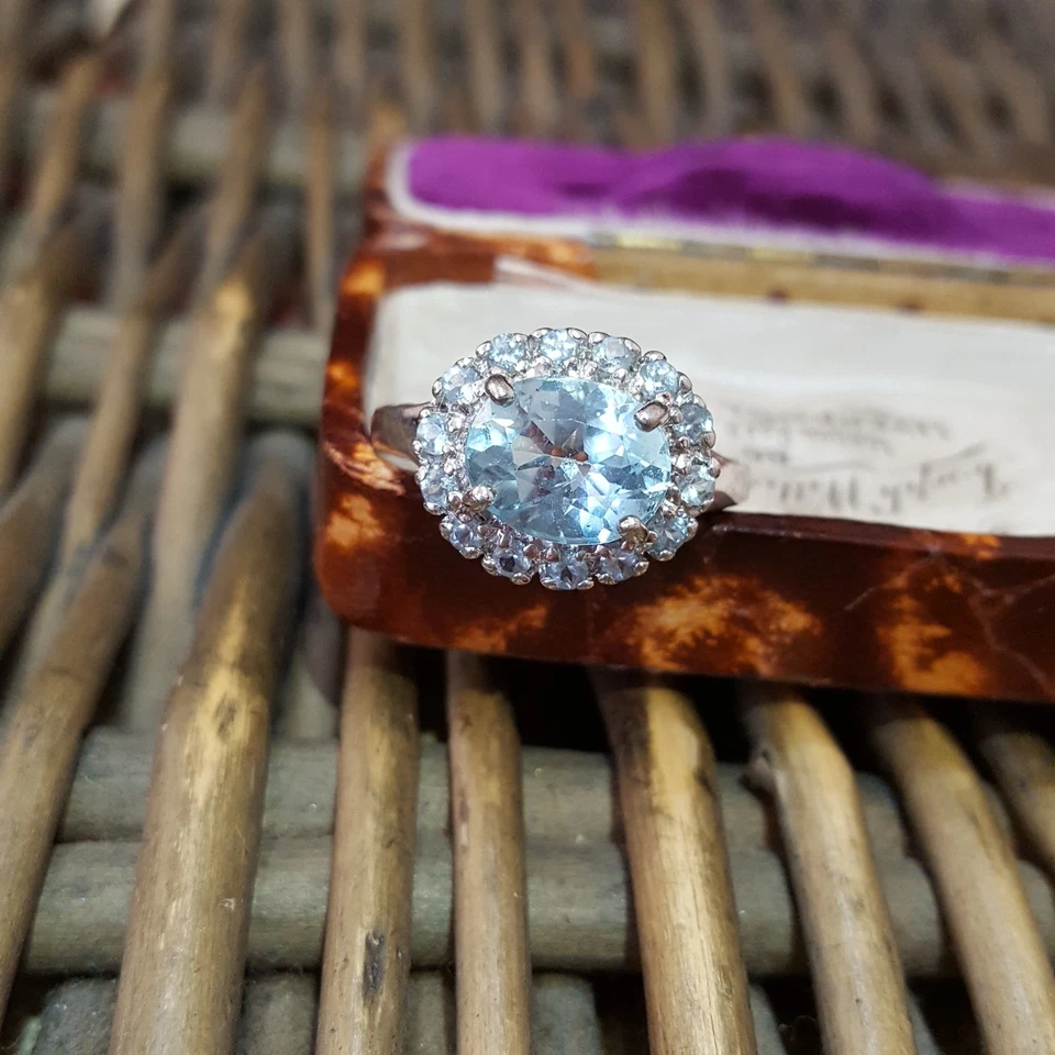 Anel feminino de prata esterlina 925, halo de topázio azul, tamanho O.5 EUA 7.5, prata 925  - Imagem 3 de 4