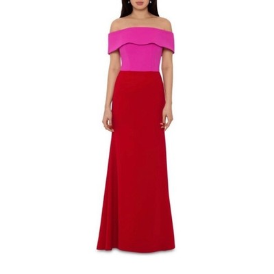 Pink and Red Off the Shoulder Colorblock Evening Gown Maxi Dress Betsy & Adam 4