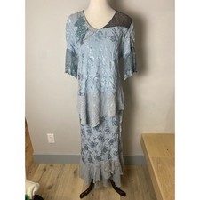 Spencer Alexis Vintage 90s Blue Silver Floral Lace 2 Piece Tunic Maxi Skirt Set