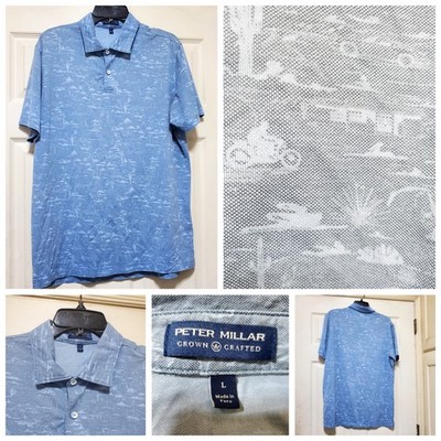 Peter Millar Polo Shirt Mens Large Blue Desert Motorcycle Print Crown Crafted