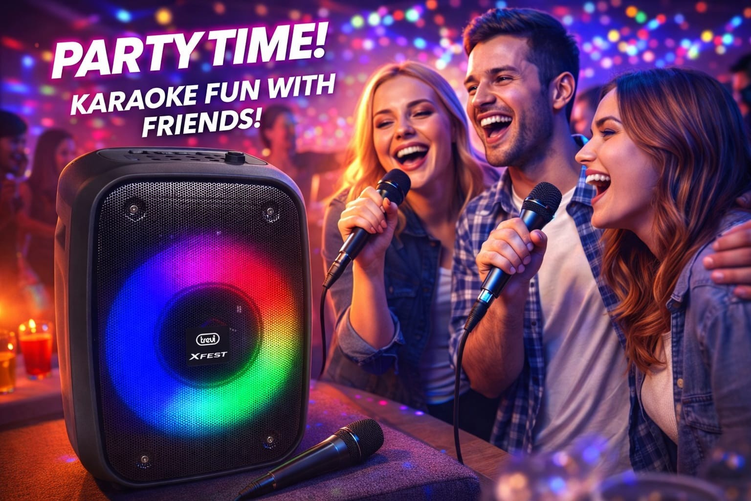 TREVI  X-FEST XF150KB Cassa KARAOKE Bluetooth con Microfono Wireless e Luci Led