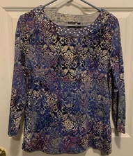 Rafaella Womens Top L Blue Scroll 3/4 Sleeve Knit Stretch Pullover Round Neck