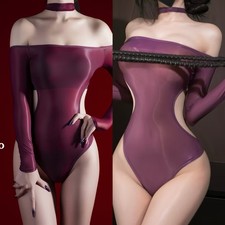 Oil Glossy Shiny Halter Off Shoulder Bodysuit High Cut Nylon Backless Leotard