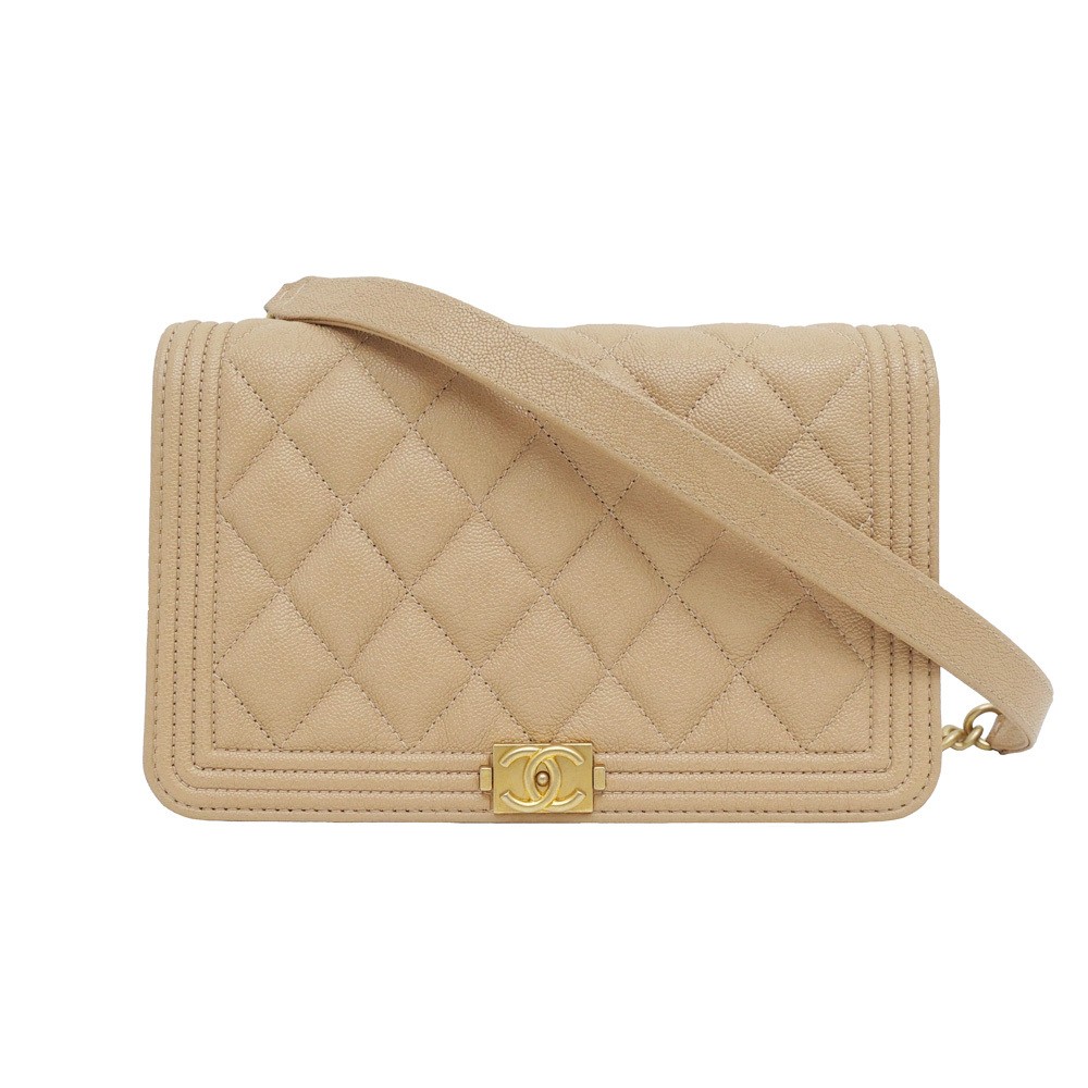 CHANEL Boy Chain Wallet Shoulder Bag in Beige Caviar with Gold Hardware for Women
