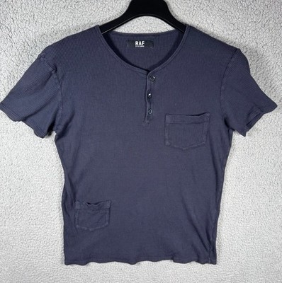 Vintage Raf Simons T Shirt Small Button Up Henley Pockets Navy Blue 19x24.5  J