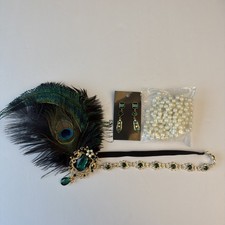 1920s Flapper Headband  Jewelry Peacock Feather Set GORGEOUS Never Worn