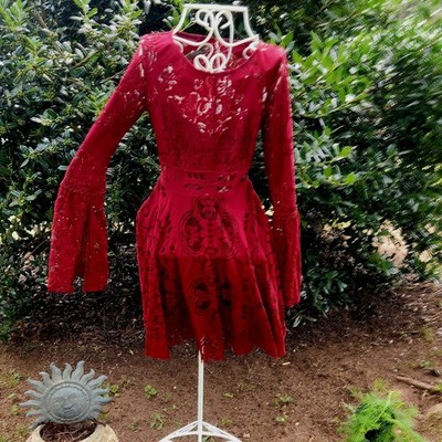 Free People Lace Lovers Folk Song Dress 6 Red Bell Sleeve Whimsigoth Boho Witchy