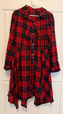 Women’s Red/Black Plaid Flannel Shirt Dress, Collared, Long Sleeve, Hi-Low, 2X