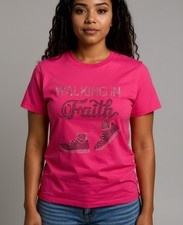 Custom Rhinestone Design “Walkin In Faith ” Print Pink Male Medium T Shirt