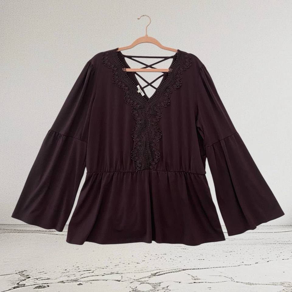 Maurices Women’s Crochet Trim Peplum Top Size XXL Bell Sleeve Fall Boho Chic  - Image 2 of 4