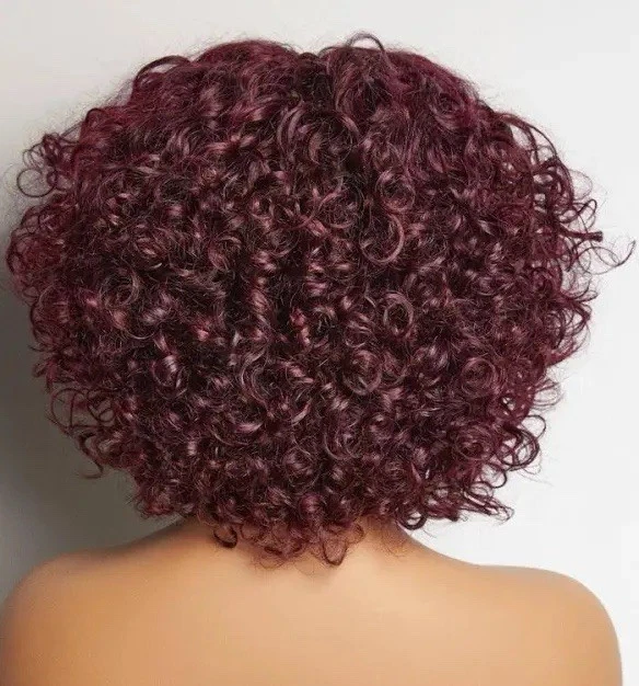 Perucas de cabelo humano encaracolado Jerry com franjas perucas vermelhas borgonha para mulheres peruca bob curta - Imagem 4 de 4