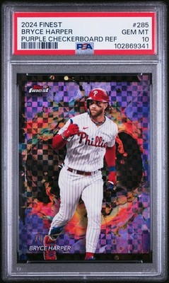 2024 TOPPS FINEST PURPLE CHECKERBOARD REFRACTOR #285 BRYCE HARPER 10/75 PSA 10