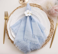 Cloth Napkins with Fringe Set of 12,100 Soft Cotton, 12 Pack, Light Blue