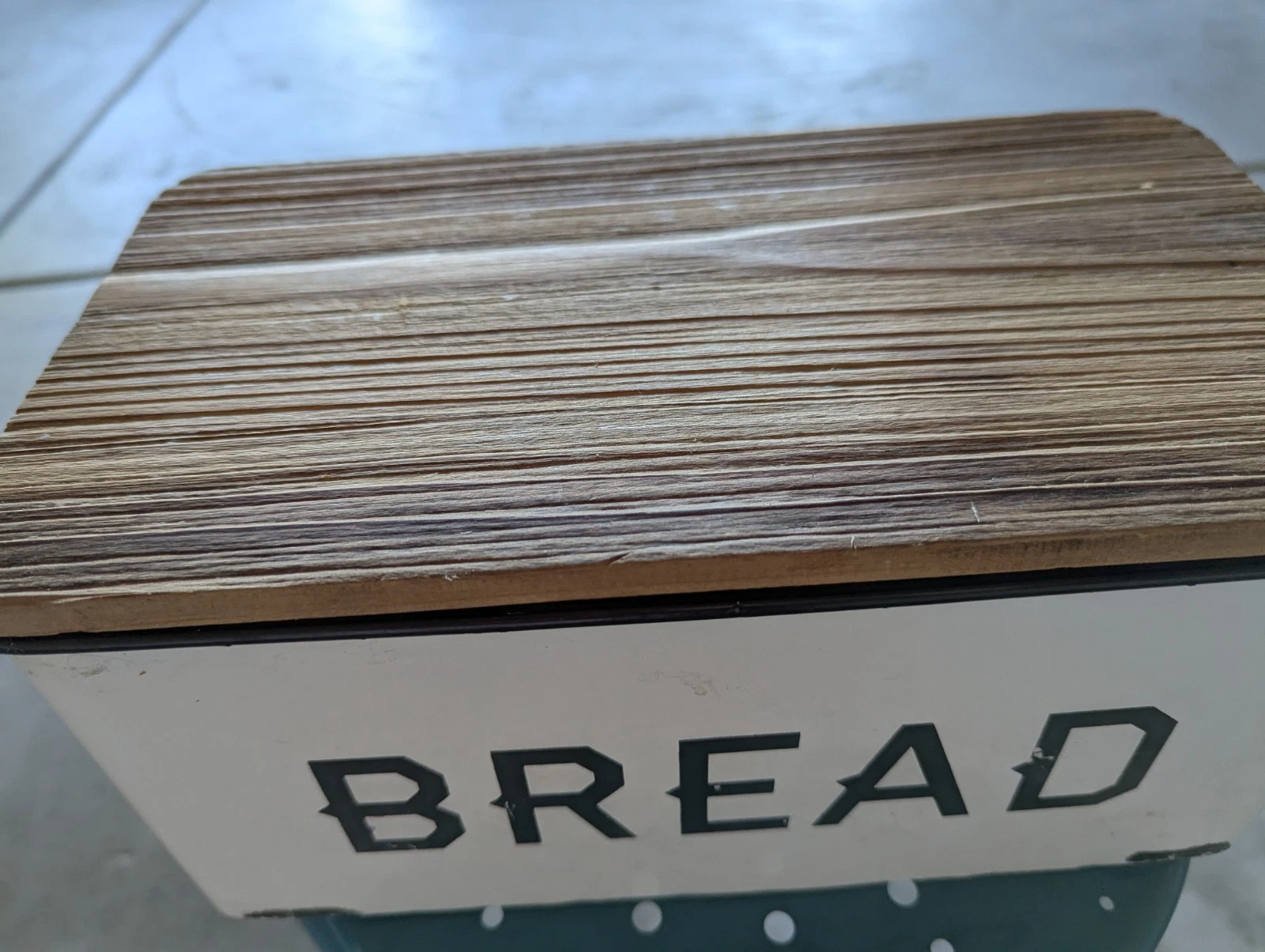 Bread Box, white metal with brown wood lid