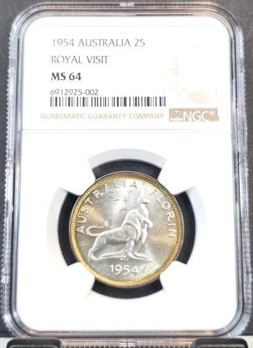 1954 AUSTRALIA 2 SHILLINGS FLORIN KANGAROO & LION ROYAL VISIT NGC MS 64 NICE BU
