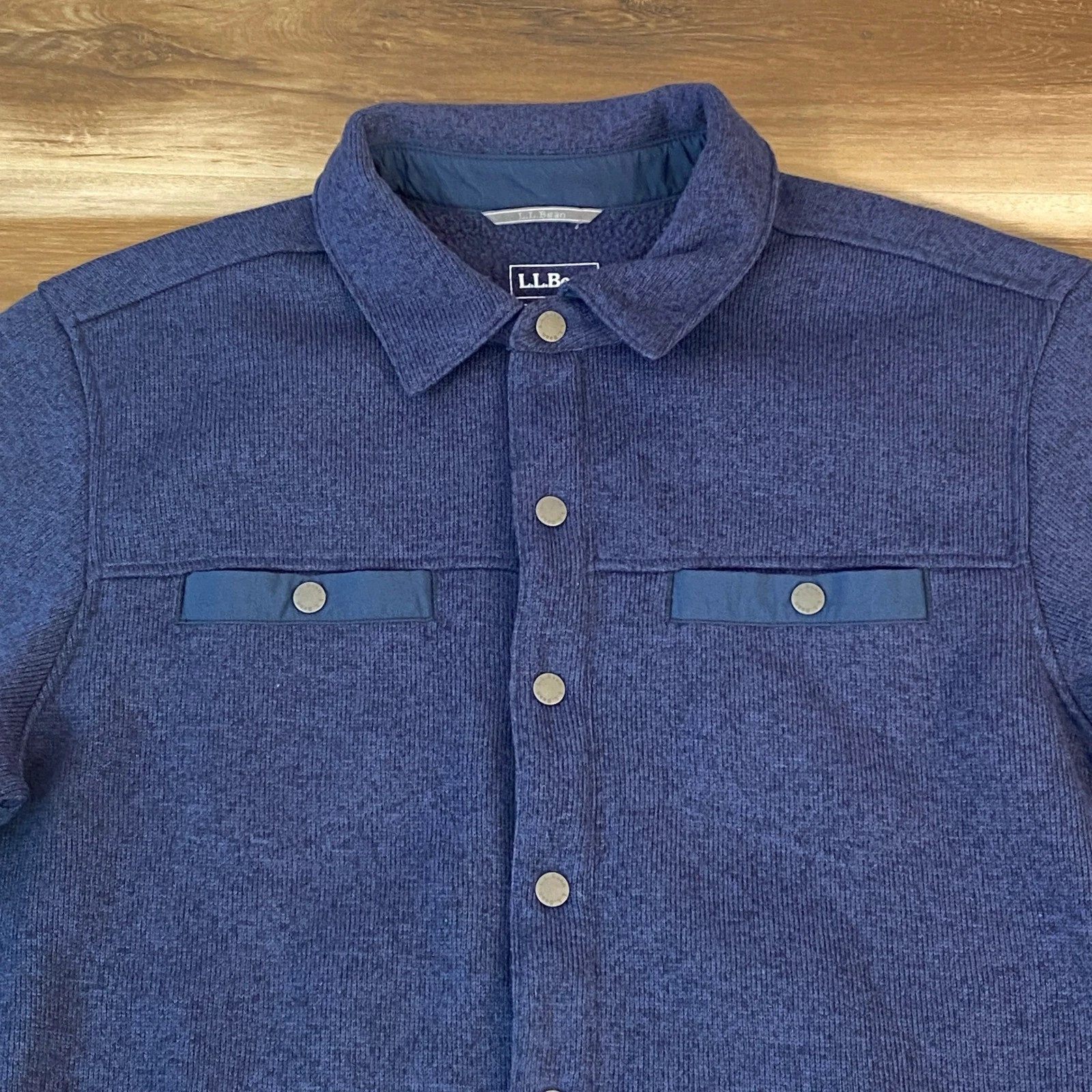 LL Bean Mens Blue Sweater Fleece Shirt Jacket Large 14968 Slightly Fitted