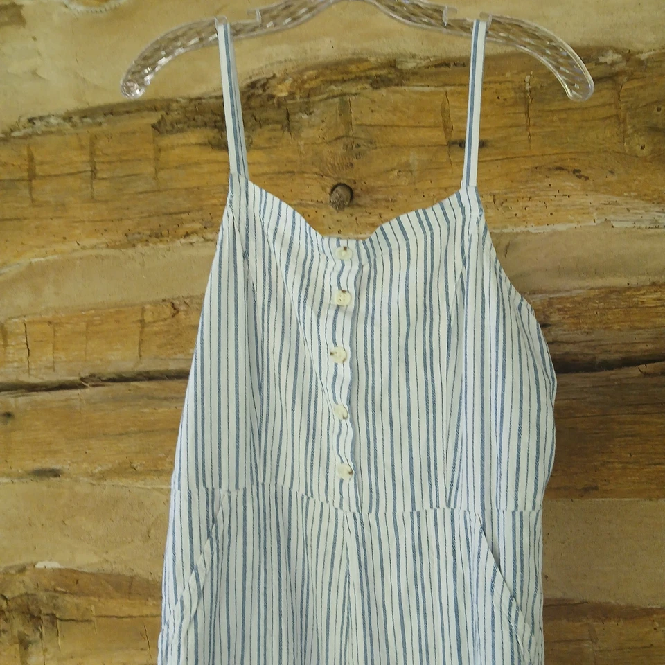 Mono para mujer Old Navy sin mangas pierna ancha mezcla de lino blanco azul a rayas Foto 2 de 4