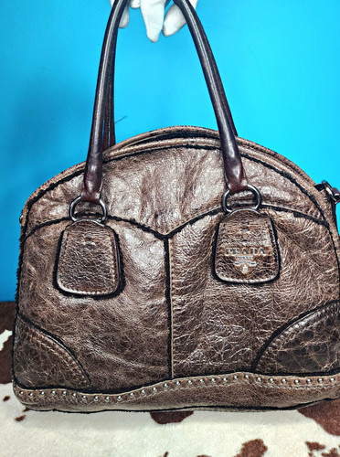 Prada Brown Shearling Leather Top Handle Studded w/ Strap, Coin Purse