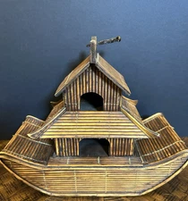 VTG Asian Bamboo Houseboat Model Folk Art Handmade 10" Rustic Décor