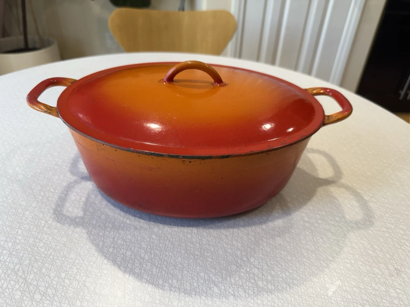 Vintage DESCOWARE Belgium Enamel Oval Cast Iron FE 12 Dutch Oven Orange Flame