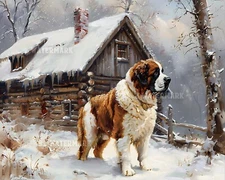 8x10 Matte Print Saint Bernard in Winter Cabin