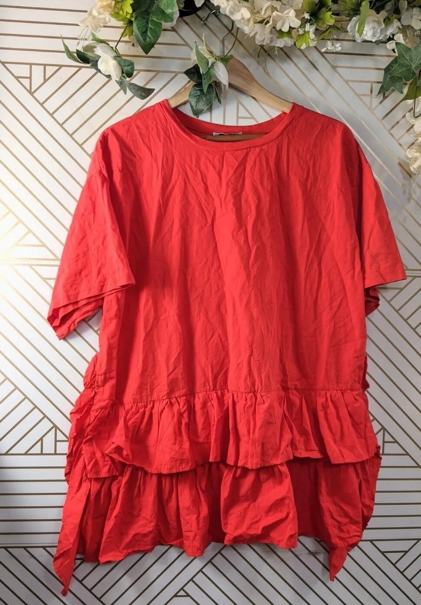 red poplin dress zara ZARA RED POPLIN DRESS WITH CONTRASTING RUFFLE Small
