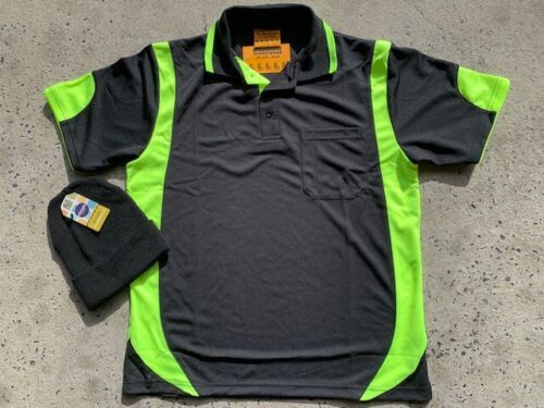 2 x work shirt hivis BLACKyellow/green/lime trim cool S/S safety polo FREEbeanie - Picture 1 of 9