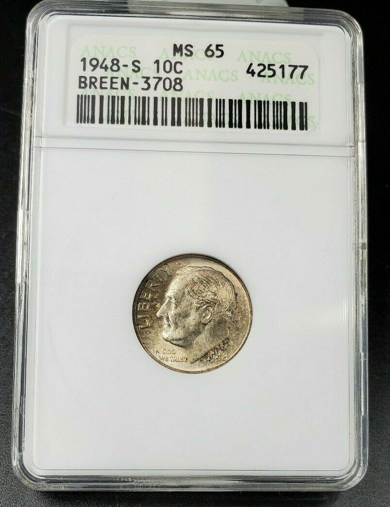 1948 S Roosevelt Dime Coin Variety ANACS MS65 Breen-3708 Trumpet