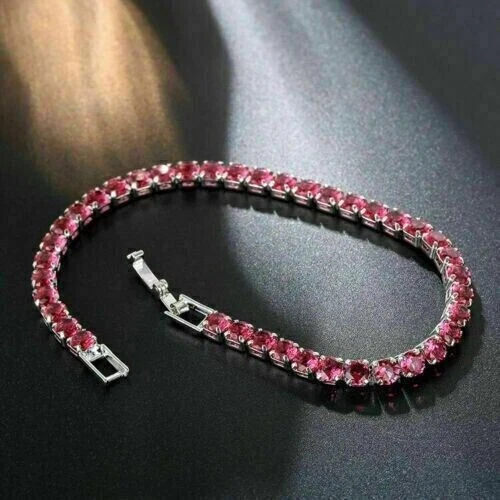 Round Cut Certified Natural Red Ruby Women's Tennis Bracelet 14K White Gold - Image 3 of 4