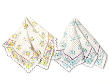 Lot of 2 Floral Hankies Handkerchiefs Scalloped Edges Blue Yellow Flowers 14X14"