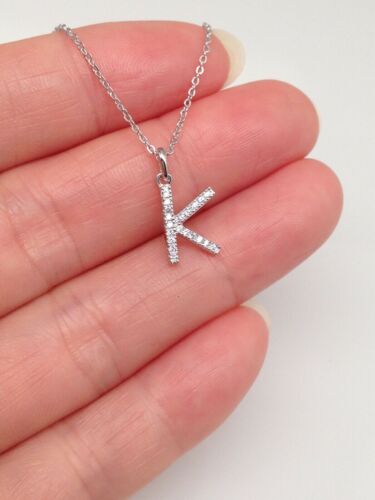 925 Sterling Silver Tiny Cz Initial Letter K Pendant Necklace Womens Girl 9mm