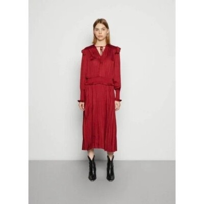 Scotch & Soda Womens Amsterdam Dress Burgundy Smocked Midi Ruffle Sleeves M