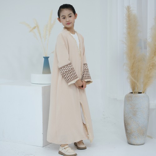 Muslim Open Embroidery Kaftan Kids Girls Maxi Dress Dubai Abaya Cardigan Kimono - Picture 19 of 53
