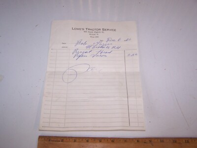1960 LOWE'S TRACTOR SERVICE Letterhead Invoice MARSHALL ILLINOIS