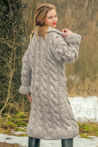 Beige wool cardigan long thick sweater hand knitted cable knit coat SUPERTANYA - Picture 12 of 12