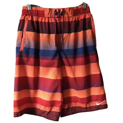 Nike swim trunks shorts stripes orange blue stretch waist beach Men