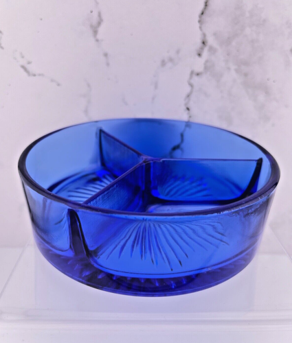 Vintage Cobalt Blue Divided Relish Tray Ribbed Star on Base - Picture 15 of 23