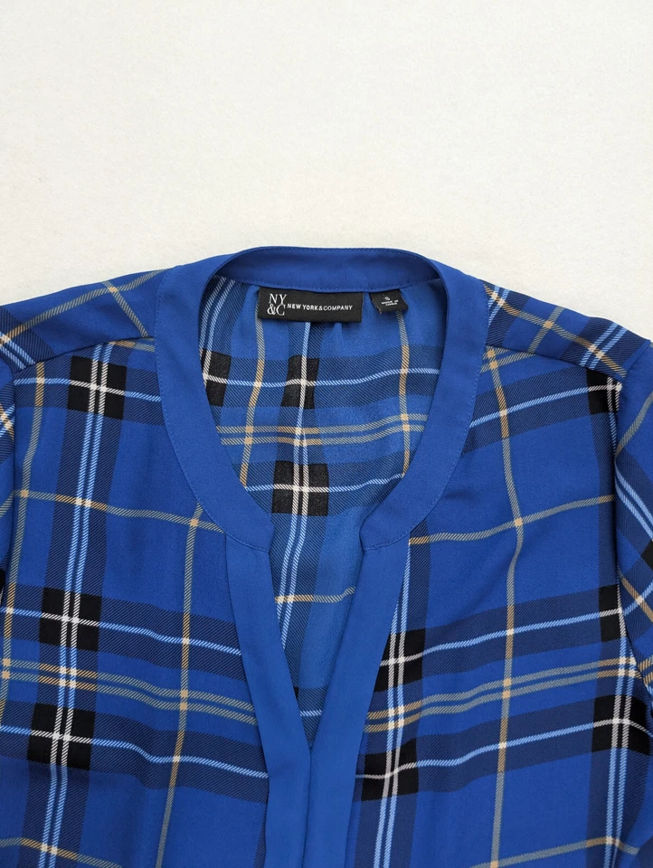 New York & Company Women's Top Size S Blue Plaid 3/4 Sleeve Blouse - Image 3 of 4